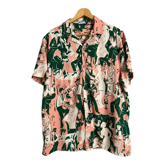 ASOS DESIGN Mens relaxed camp collar shirt jazz band print Tropical M Beach - Picture 1 of 7